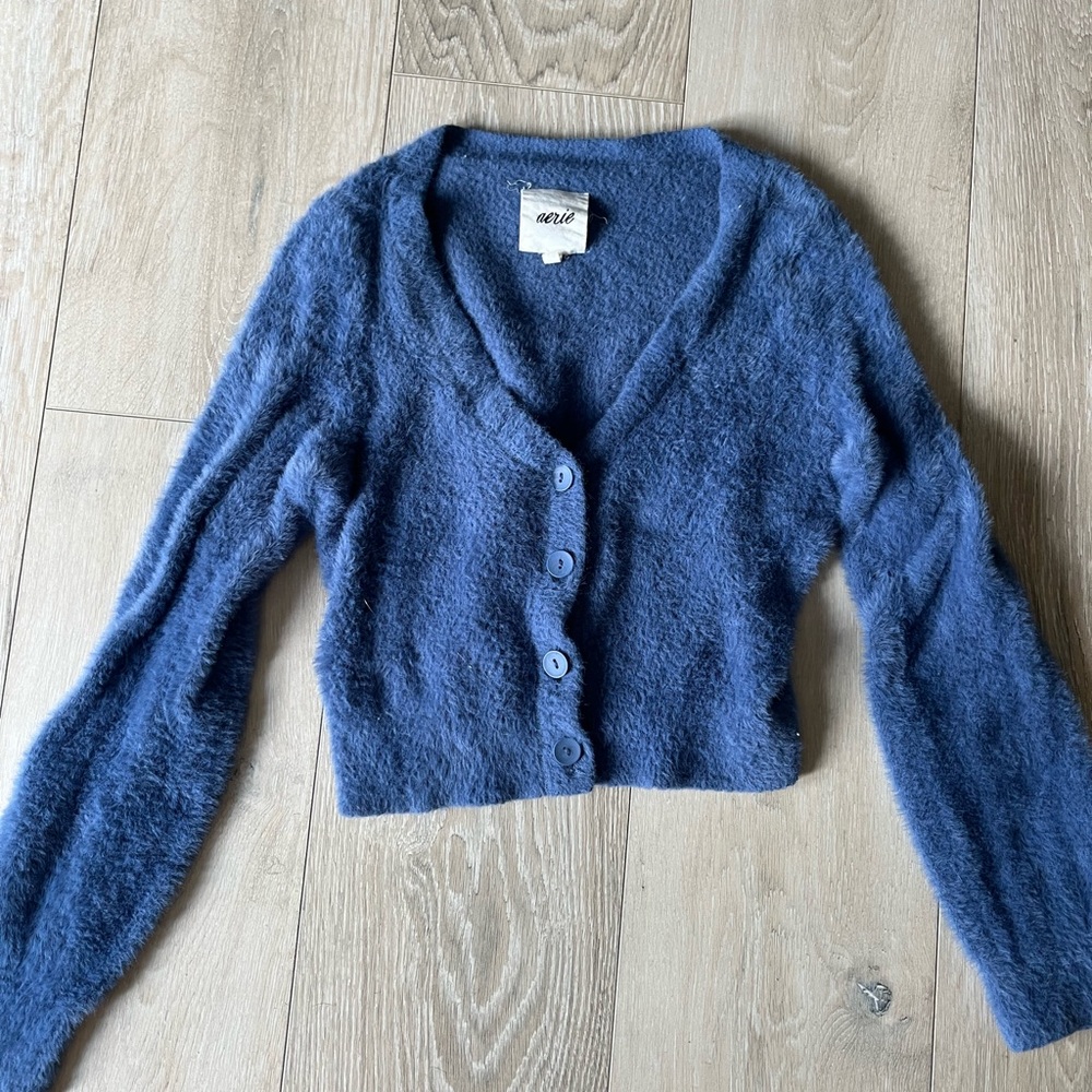 Aerie Blue Fuzzy Cardigan Sweater